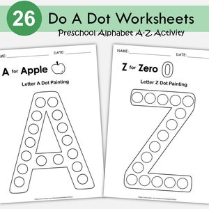 Hojas de trabajo del alfabeto para unir puntos (A-Z) / 26 letras imprimibles con marcadores de puntos y dibujos para combinar / Actividad de motricidad fina para preescolar / Educación en casa