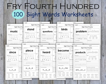100 Printable Sight Words Worksheets, Fry Fourth Hundred Sight Word Work, Learn to Read, Phonics Practice Book, Toddler Spelling, Grade 1,2