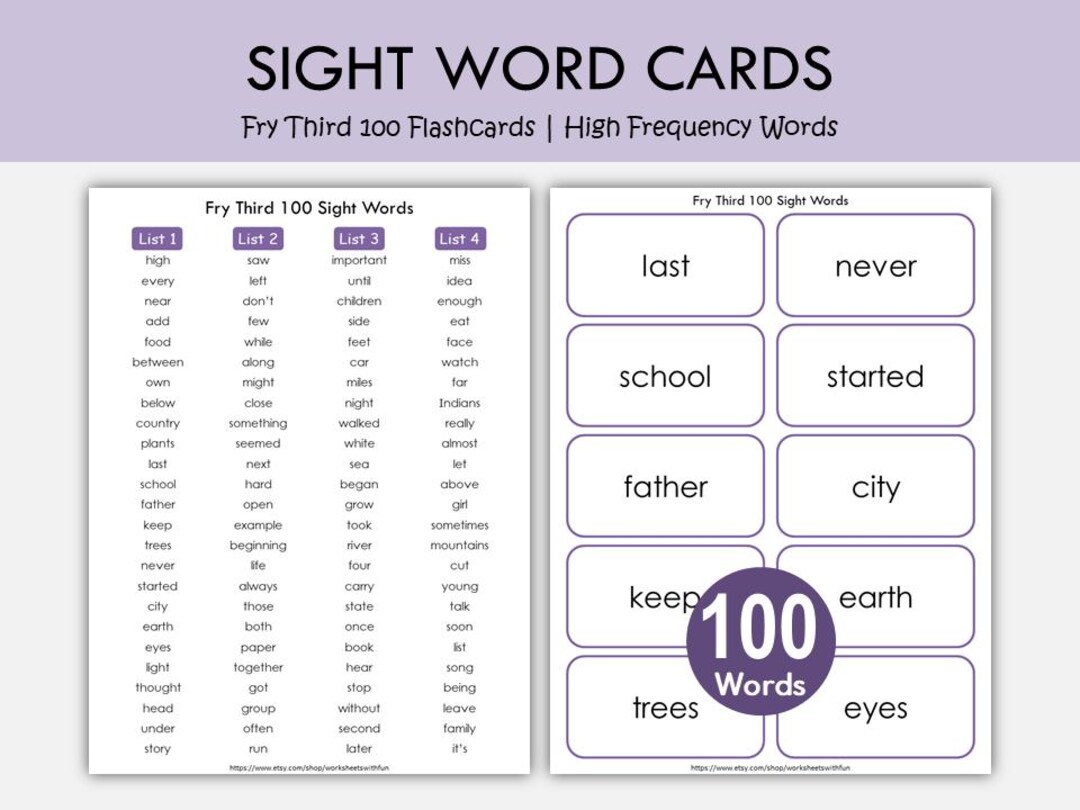 Fry Third 100 Sight Words Flashcards Printable PDF, Sight Word Cards ...