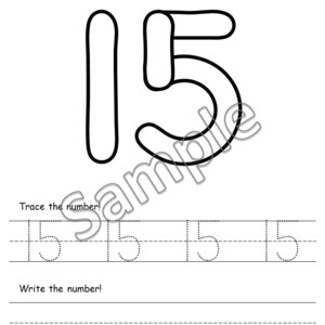 K&ouml;nnte beinhalten: Ein schwarz-wei&szlig;es Arbeitsblatt mit der Zahl 15. Der obere Bereich zeigt Use playdough to trace the number! mit einer gro&szlig;en Umrisslinie der 15. Der mittlere Bereich zeigt Trace the number! mit vier gepunkteten 15ern. Der untere Bereich zeigt Write the number! mit leeren Zeilen.