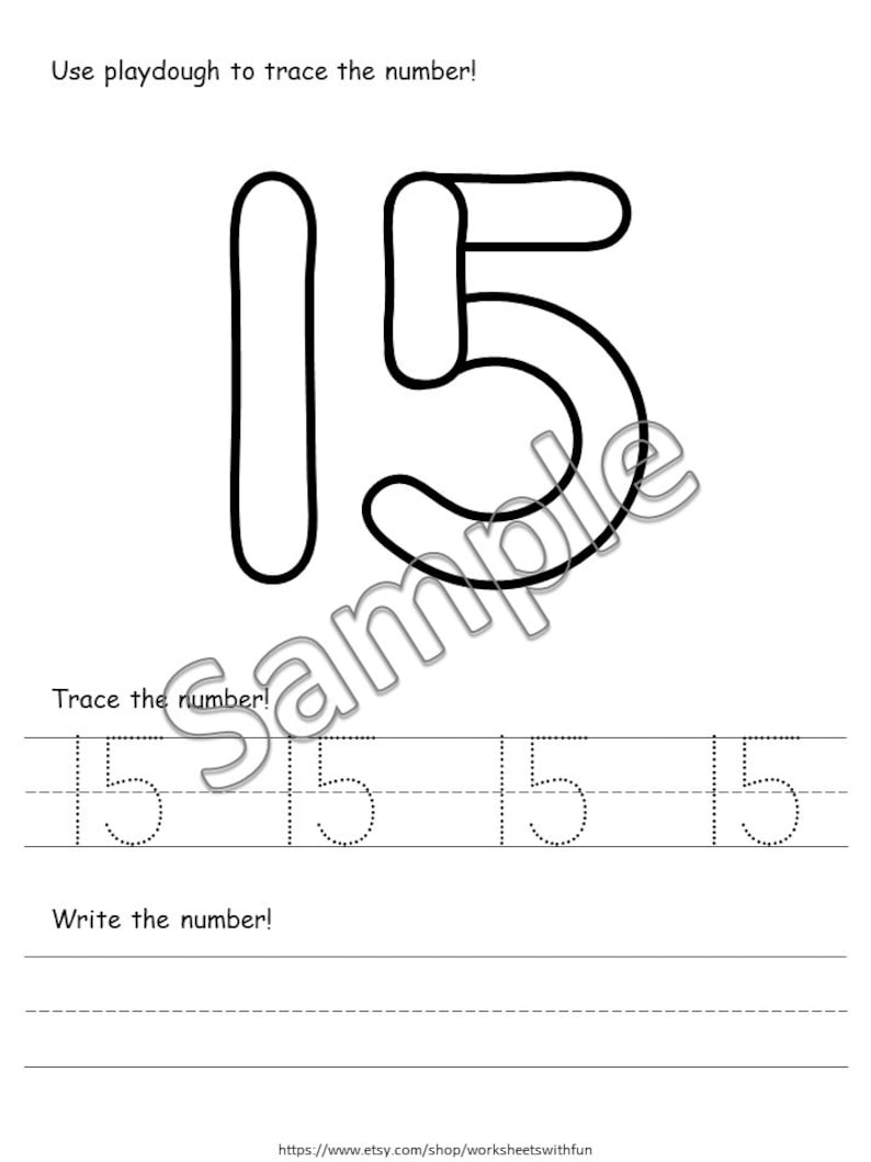 K&ouml;nnte beinhalten: Ein schwarz-wei&szlig;es Arbeitsblatt mit der Zahl 15. Der obere Bereich zeigt Use playdough to trace the number! mit einer gro&szlig;en Umrisslinie der 15. Der mittlere Bereich zeigt Trace the number! mit vier gepunkteten 15ern. Der untere Bereich zeigt Write the number! mit leeren Zeilen.