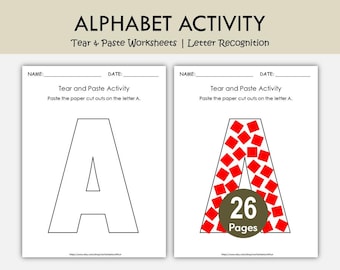 Alphabet Tear and Paste Worksheets | Letter Recognition Fine Motor Activity A–Z Printable for Preschool & Kindergarten