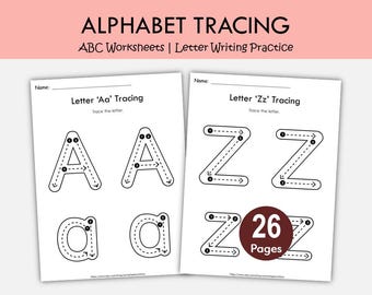 Hojas de trabajo para trazar el alfabeto de la A a la Z para imprimir, práctica de escritura preescolar, trazado de letras mayúsculas y minúsculas, hojas del alfabeto para jardín de infantes.