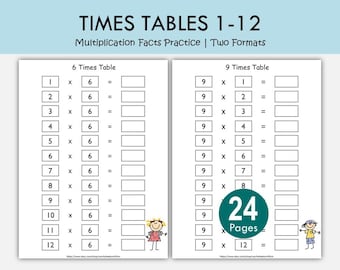 Tables de multiplication des feuilles de calcul 1-12 imprimables | Faits de multiplication | Feuilles d'exercices de mathématiques pour enfants | Activités pour l'école à la maison en classe PDF