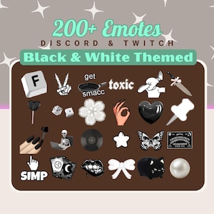 May include: A selection of black and white emotes for Discord and Twitch, with the text "200+ Emotes" and "Black & White Themed". The emotes include a variety of icons, such as a peace sign, dice, and a heart.