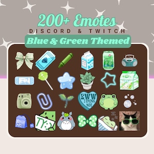 Paquete de más de 200 emoticones azules y verdes para Discord y Twitch. Incluye letras, números, animaciones, GIF y reacciones hechos a mano.
