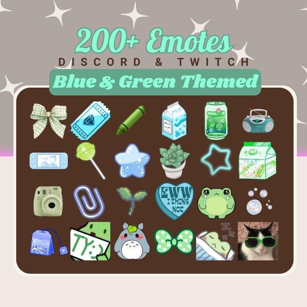 Paquete de más de 200 emoticonos azules y verdes / Para Discord y Twitch / Incluye letras, números, animaciones, GIFs y reacciones hechos a mano