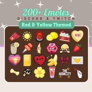 May include: A collection of red and yellow themed Discord and Twitch emotes. The image features various cartoon graphics, including a sun, a strawberry, a slice of cake, and a heart-shaped candy. Text at the top reads "200+ Emotes".