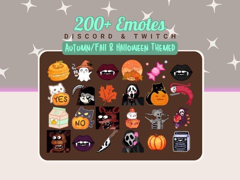 May include: A collection of over 200 Discord and Twitch emotes with an Autumn, Fall, and Halloween theme. The emotes include a variety of spooky and seasonal images, such as pumpkins, ghosts, and candy. The background is a light gray with white star accents.