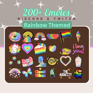 Puede incluir: Una colección de emoticonos con temática de arcoíris para Discord y Twitch, con una variedad de diseños coloridos. La imagen incluye el texto "200+ Emotes", "Discord & Twitch" y "Rainbow Themed", junto con las frases "i love you!" y "Good Vibes."