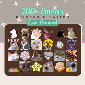 Könnte beinhalten: Ein braunes Rechteck mit weißem Rand enthält ein Raster mit 20 Katzen-Emojis. Die Emojis sind in vier Reihen mit jeweils fünf Emojis angeordnet. Der Text "200+ Emotes" befindet sich oben im Rechteck, gefolgt von "Discord & Twitch" und "Cat Themed".