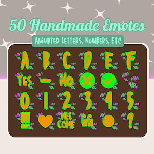 May include: A digital graphic featuring 50 handmade emotes, including letters, numbers, and symbols. The design uses a brown background with green and orange text, and candy accents. The text "50 Handmade Emotes" is at the top.