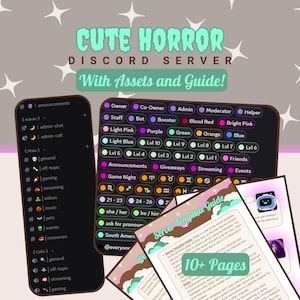 May include: A digital graphic advertising a "Cute Horror Discord Server" with assets and a guide. The image shows a dark interface with channel categories and user roles, alongside a guide with over 10 pages. The text includes "Announcements" and "Game Night".