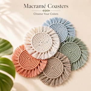 Juego o individual de posavasos de macramé estilo bohemio, posavasos de algodón neutro para bebidas, juego de posavasos tejidos, decoración para mesa de centro, regalo de inauguración de casa, colores personalizados.