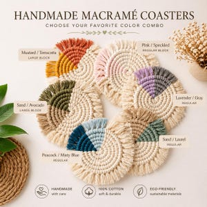 May include: Handmade macramé coasters in various colors, including mustard, pink, and blue. The coasters are made of 100% cotton and are eco-friendly. The image includes text that says "Choose your favorite color combo."