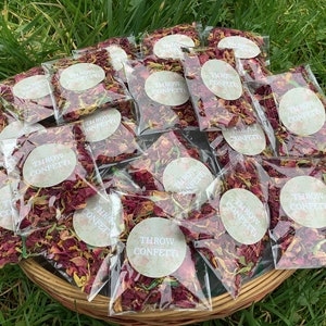 75 dried red rose confetti wedding throws, sage green floral stickered bags, biodegradable,diy, you fill bags