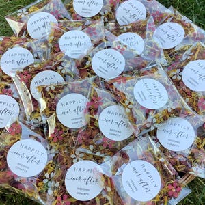80 pk biodegradable marigold+rose petal wedding confetti throws-“HAPPILY EVER AFTER” confetti in colourful bags -diy you fill