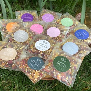100 confezioni di sacchetti biodegradabili per coriandoli da matrimonio a pois - Petali secchi biodegradabili, sacchetti fai da te da riempire e riciclare (colore dell'adesivo a scelta o arcobaleno)