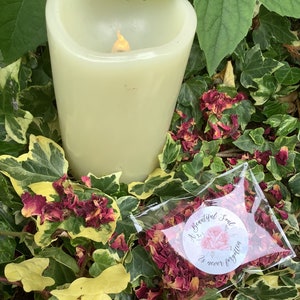 以下が含まれることがあります： ゆらめく炎が灯った白いキャンドルが、乾燥したバラの花びらのベッドの上に置かれています。小さな透明な袋には、「美しい魂は決して忘れられない」と書かれた白い丸いステッカーが貼られています。袋もバラの花びらのベッドの上に置かれています。