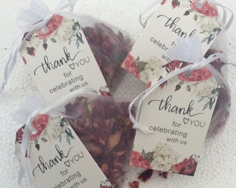 50 biodegradable pink or cream wedding confetti throws . Dried confetti organza bags with tags“Thanks for celebrating with us “ ALL in kit