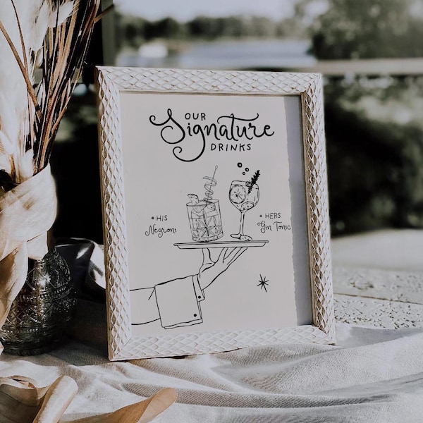 Cartello per cocktail con firma per matrimonio, cocktail per lui e per lei (modello modificabile)