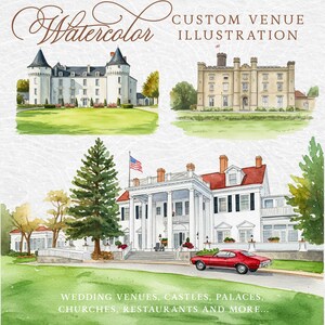 Puede incluir: Ilustraciones en acuarela de lugares personalizados, incluyendo un castillo, una casa se&ntilde;orial con un coche rojo y un edificio con una bandera. El texto dice "Custom Venue Illustration" y "Wedding Venues, Castles, Palaces, Churches, Restaurants and More..."