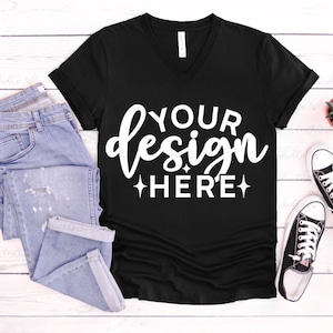 Bella Canvas 3005 Black V Neck Mockup, Bella Canvas 3005, Black 3005 Mockup, Black Shirt Mockup, Black V-Neck T-Shirt, Modern Mockups, Flat Lay