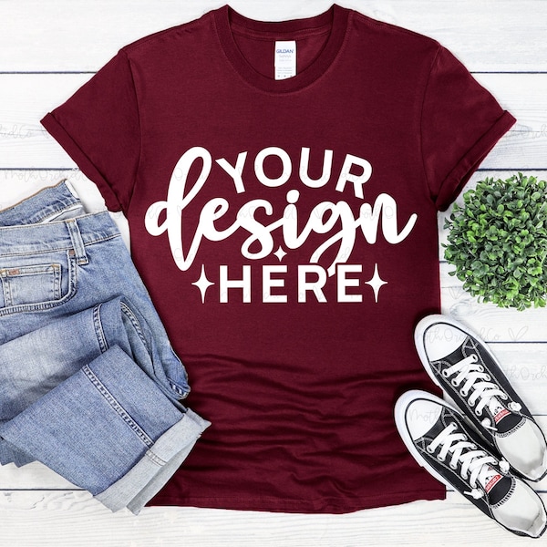 Gildan 64000 Heather Maroon Mockup, Gildan 64000, Shirt Mockup, Maroon 64000 Mockup, Maroon  Mockup, Tee Mockup,Styled Mockup, Summer Mockup