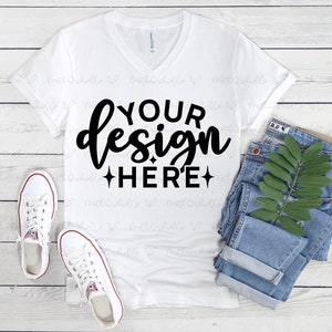 Bella Canvas 3005 White V Neck Mockup, Bella Canvas 3005, Digital Mockup, Flat Lay Mockup, Styled Mockup, Summer Mockup,White V-Neck T-Shirt