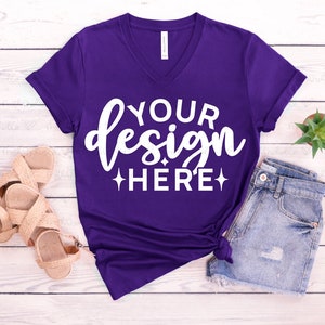 Bella Canvas 3005 Team Purple V Neck Mockup, Bella Canvas 3005, T-Shirt Mock Ups, Purple 3005 Mockups, Flat Lay Mockups, Lifestyle Mockup