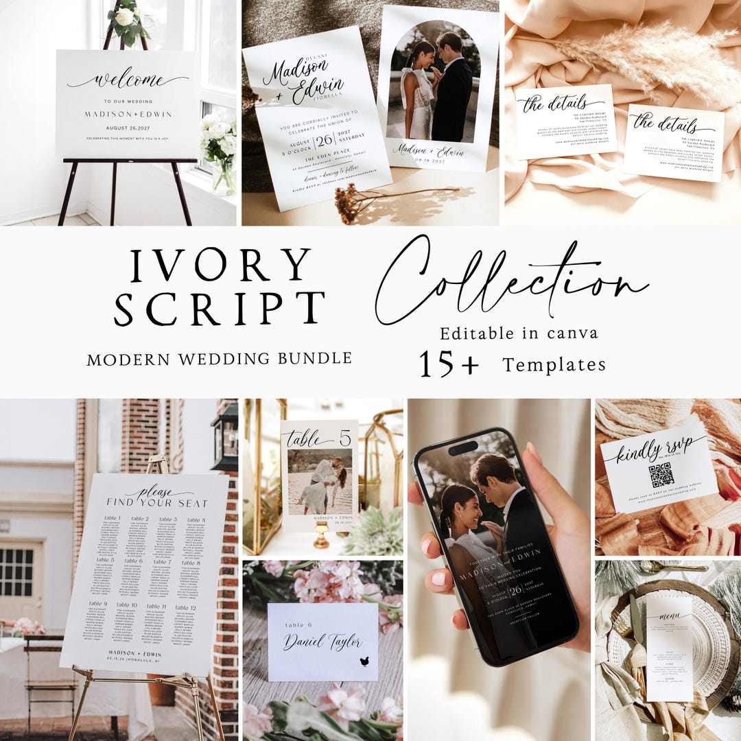 Ivory Script Wedding Signage Bundle: Editable Canva Templates (digital ...