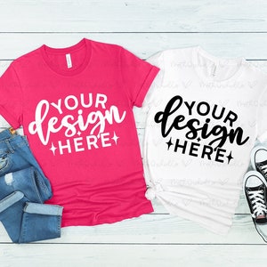 Bella Canvas Multiple Shirt Mockup 3001, Multiple Shirt Mockup, Fuchsia, White Shirt Mockup, Flat Lay Mockup, Styled Mockup, Summer Mockup
