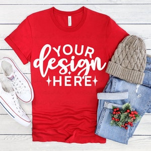 Bella Canvas 3001 Red Mockup,Winter Bella Canvas 3001, T-Shirt Mockup,Czerwony 3001 Mockup,Czerwona koszulka Mockup,Unisex Jersey Short Sleeve Tee Mockup