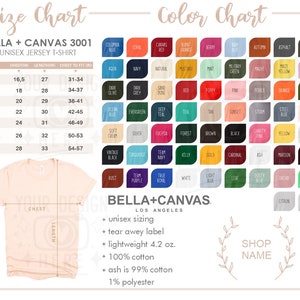 Bella Canvas 3001 Tabla de tallas,Bella Canvas Mockup,Bella Canvas Size Chart,Color chart,Size chart,T Shirt Mockup Size Chart,Unisex Size Chart