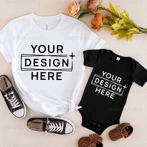 Mockup di padre e figlia, Bella Canvas 3001 bianco, Bella Canvas 100B nero, Mockup di famiglia, Mockup di padre e figlio, Body, Mockup in stile