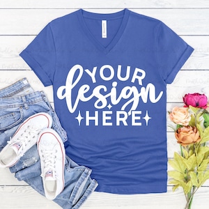Bella Canvas 3005 Heather True Royal V Neck Mockup,Bella Canvas 3005,Unisex Jersey Short Sleeve Tee Mockup,Wiosenny Mockup,T-shirt z dekoltem w serek Teal
