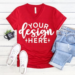 Bella Canvas 3005 Red V Neck Mockup,Bella Canvas 3005 Shirt Mock Up,Red V-Neck Tshirt, Digital Mockup, Flat Lay,Styled Mockup, Summer Mockup
