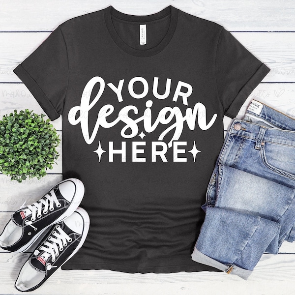 Bella Canvas 3001 Dark Grey Heather Mockup, Unisex Tshirt Mockups, Spring T-shirt Mockup, Bella Canvas 3001 Mockup, Flat Lay,Styled Mockup