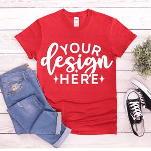 Gildan 64000 Red Mockup, Gildan 64000, T-Shirt Mock Up, Red 6400 Mockup, Red Shirt Mockup, Birthday T-Shirt Mockups,  Lifestyle Mockup