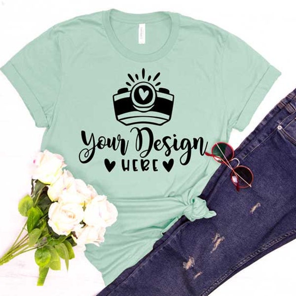 Bella Canvas 3001 Shirt Prism Mint,Outfit Flat Lay,Unisex Tshirt Mockups,T-shirt Mock Up,Bella Canvas 3001 Mockup,Prism Mint Tshirt,Flat Lay