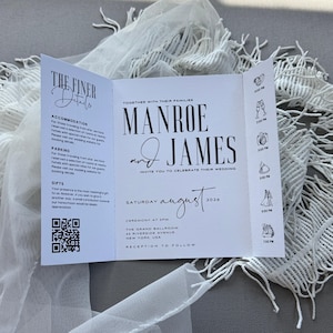 May include: A white wedding invitation, folded into thirds, with black text. The invitation includes the names "Manroe and James", event details, and a QR code. The invitation is on a white lace surface.