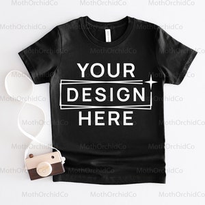 Bella Canvas 3001Y Schwarz Mockup, Bella Canvas 3001Y, Schwarz Mockup, Jugend Jungen und Mädchen, Jugend T-Shirt, Flat Lay, Schule Mockup, Kinder Mockup