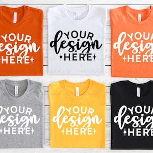 Bella Canvas Multiple Shirt Mockup 3001, Multiple Shirt Mockup, Jesień, Biały, Pomarańczowy, Koszula Mockup, Płaski układ, Stylizowany Mockup, Letni Mockup