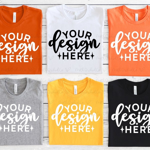 Bella Canvas Multiple Shirt Mockup 3001, Multiple Shirt Mockup, Autumn, White, Orange, Shirt Mockup, Flat Lay, Styled Mockup, Summer Mockup