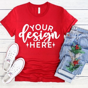 Bella Canvas 3001 Red Mockup, Christmas Bella Canvas 3001, T-Shirt Mock Up, Red 3001 Mockup, Red Shirt Mockup, Modern Mockup, Flat Lay