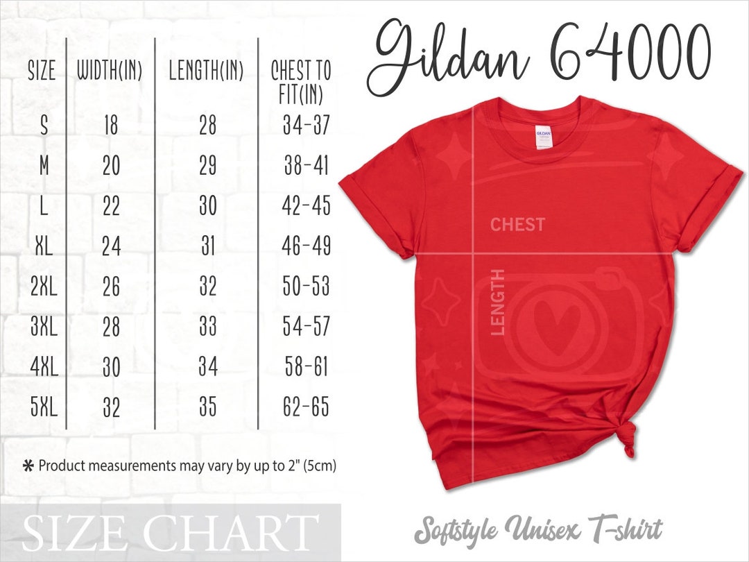 Gildan 64000 Size Chart, Gildan 64000 Mockup, Gildan Sizing Mock Up, T