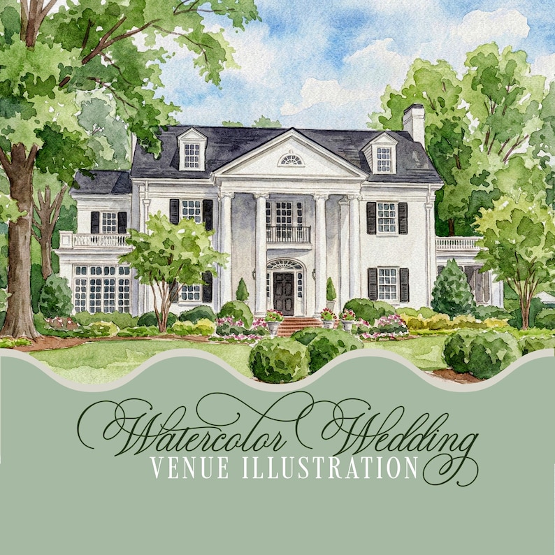 Puede incluir: Ilustraci&oacute;n en acuarela de una majestuosa mansi&oacute;n blanca con contraventanas negras y un tejado oscuro, rodeada de exuberantes &aacute;rboles verdes y jardines. Incluye el texto "Watercolor Wedding Venue Illustration".
