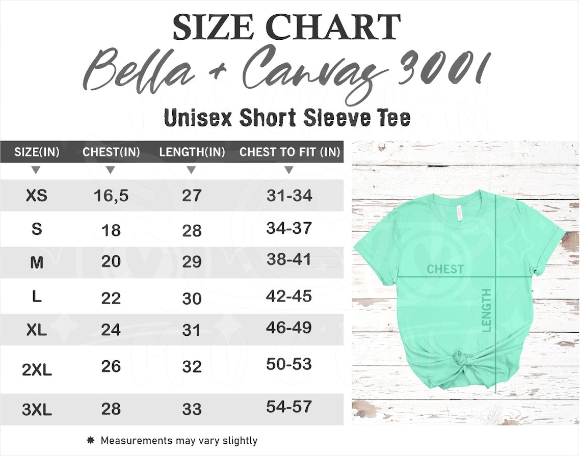 Bella Canvas 3001 Size Chart Bella Canvas Mockup Size Chart image 0