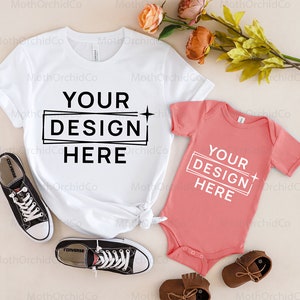 Mockup di padre e figlia, Bella Canvas 3001 bianco, Bella Canvas 100B Heather Mavue, Mockup di famiglia, Mockup di padre e figlio, Body
