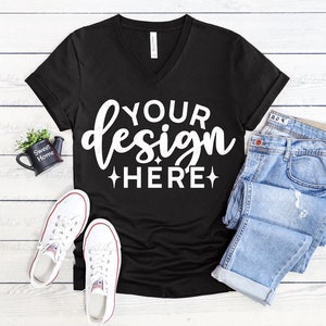 Bella Canvas 3005 Black V Neck Mockup, Bella Canvas 3005, Black 3005 Mockup, Black Shirt Mockup, Black V-Neck T-Shirt, Modern Mockups, Flat Lay